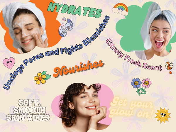 Hydrates, unclogs pores, fights blemishes, smooth, soft skin, glowing, moisture, citrus fresh scent