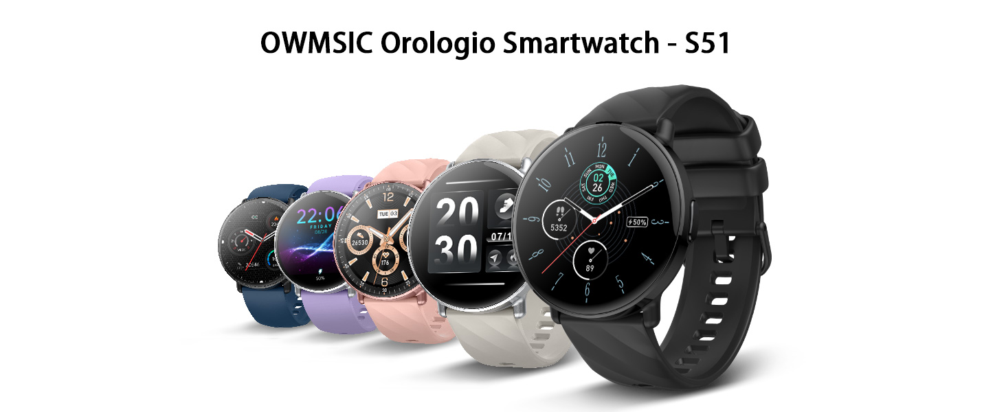 OWMSJC Orologio Smartwatch - S51 in various colors. Round-faced smartwatches with digital displays and silicone straps.