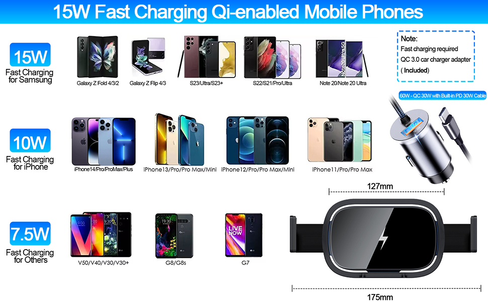 Wireless Car Charger for Galaxy Z Fold 5/4/3/2, 15W Fast Charging Car Mount, Car Accessories, Air Vent Charging Car Phone Holder for Galaxy Z Fold 2, Landscape Mobile Phone Mount for Galaxy Z Fold 26 Wireless Car Charger