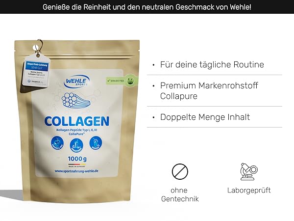 Wiederverschließbarer Beutel mit Kollagenpulver-Ergänzungsmittel. Zu den Highlights der Packung gehören der Inhalt von 1000 g, das hochwertige Rohmaterial und die Eignung für den täglichen Gebrauch. Die Symbole stehen für gentechnikfrei
