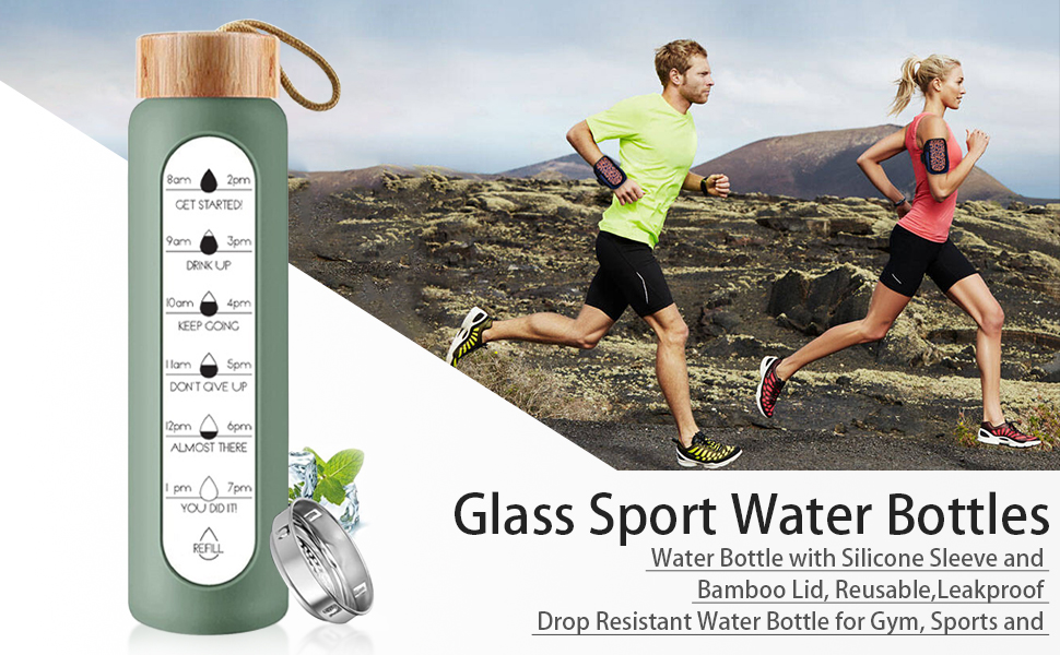 Glass Sport Water Bottles, (1L/32oz) Water Bottle with Time Markings