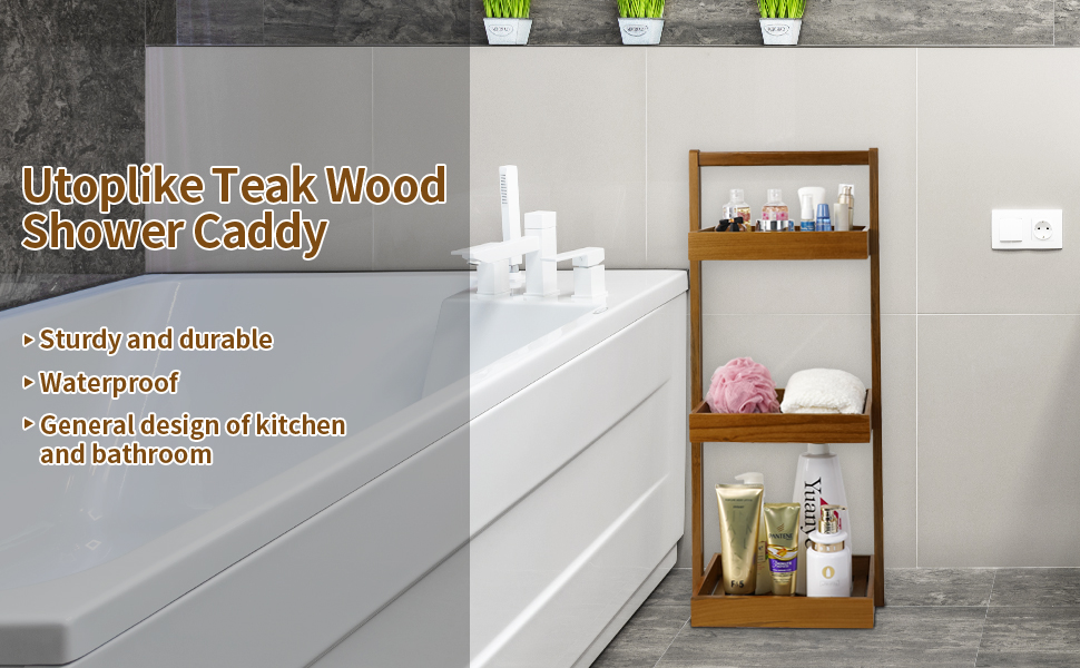Utoplike Teak Wood Shower Caddy Corner, 3 Tier Standing Shower