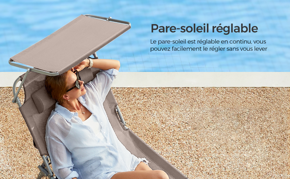 Songmics Chaise Longue, Bain De Soleil, Transat De Relaxation, Chaise De Jardin Pliable - Taupe GCB192K01 13 1