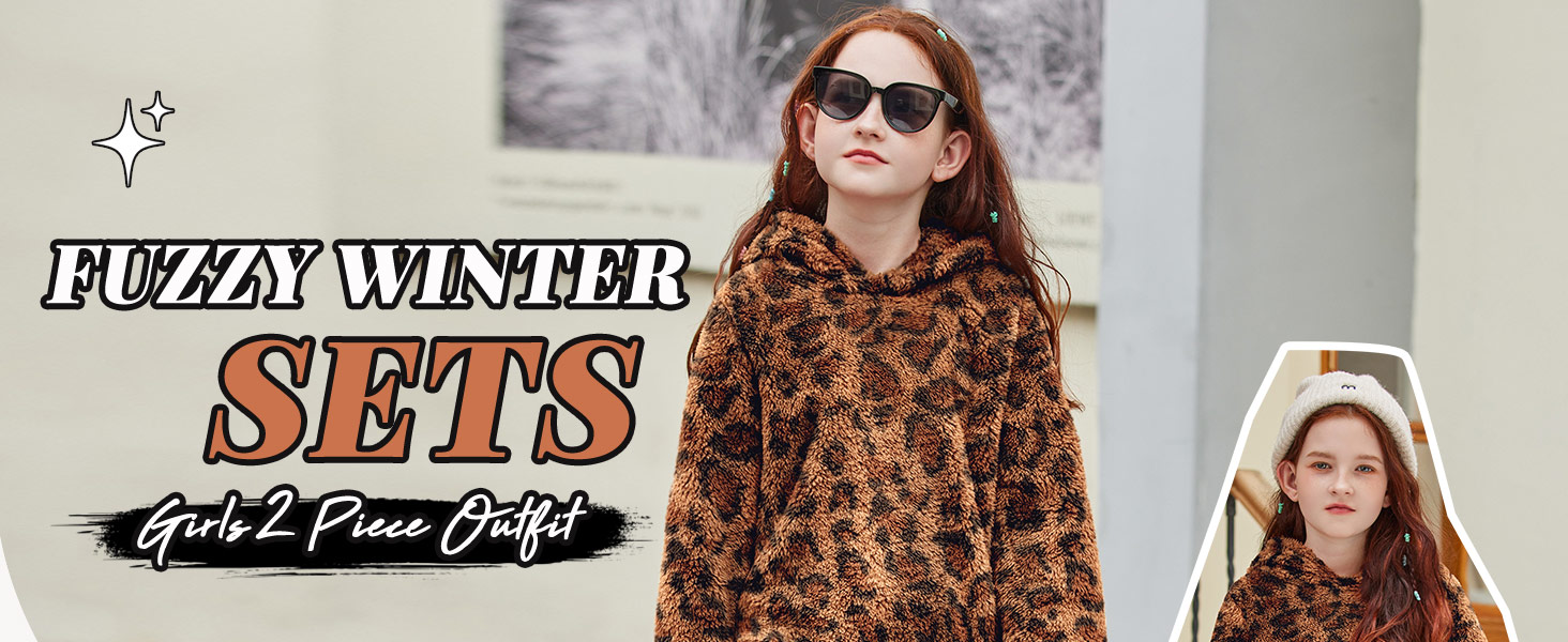 Der Text lautet „FUZZY WINTER SETS“. Mehrere Produktaufnahmen zeigen Winterbekleidung mit Leopardenmuster, die in einem horizontalen Bannerlayout angeordnet sind.