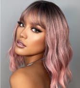 Esmee 14 Inches Short Pink Wigs with Bangs for Women Natural Synthetic Hair Ombre Wig with Dark R...
