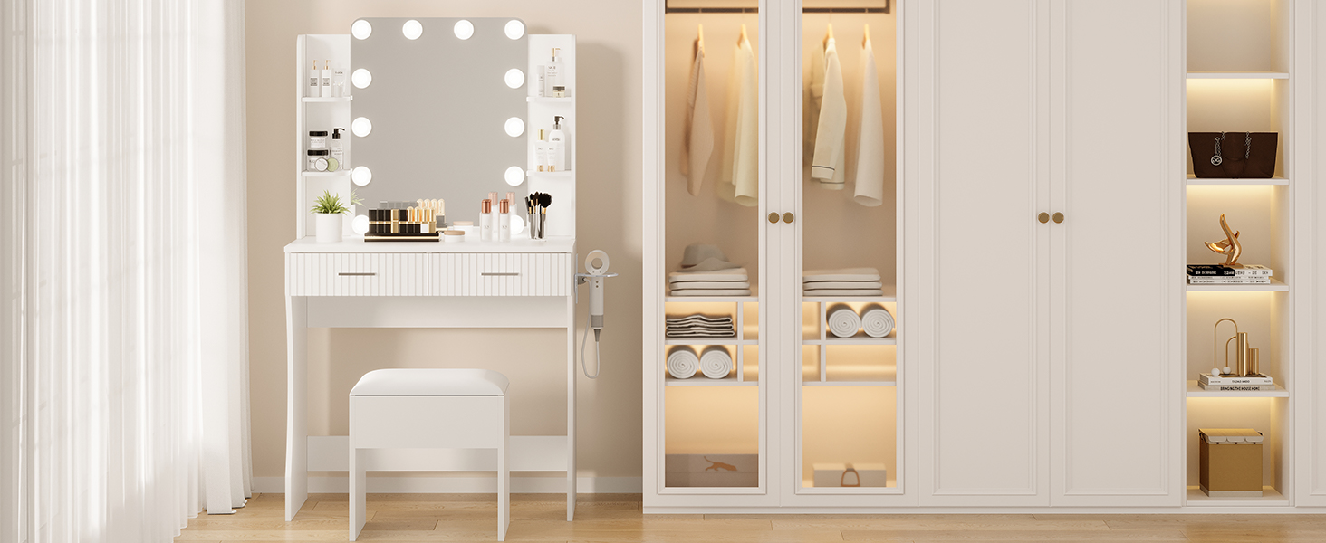 Makeup Vanity Desk with Mirror and 12 LED Lights, Vanity Table with Power Outlet