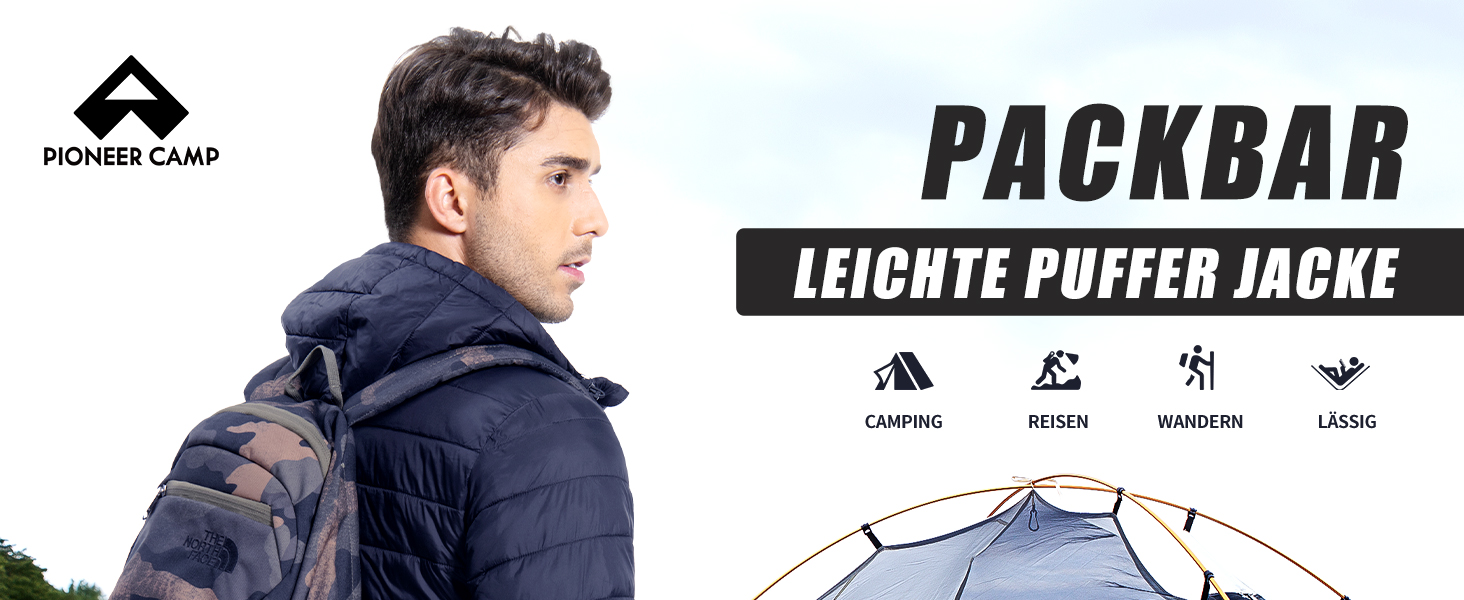 Der Text lautet „PACKBAR LEICHTE PUFFER JACKE“ mit Packbar-Logo. Das Produktfoto zeigt das Design einer Pufferjacke mit abgebildeten Symbolen zur Wetterbeständigkeit.