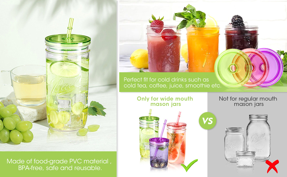 Aieve Mason Jar Lids with Straws, 6 Set Wide Mouth Mason