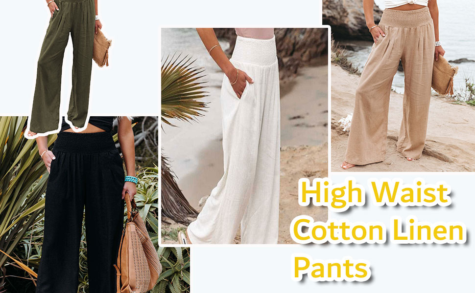 Women&#39;s High Waist Cotton Linen Pants Elastic Straight Wide Leg Smocked Pockets Beach Pants