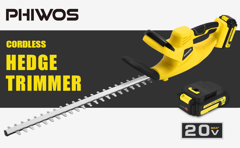Cordless Hedge Trimmer, PHIWOS Electric Hedge Cutter, 2.0Ah Battery and