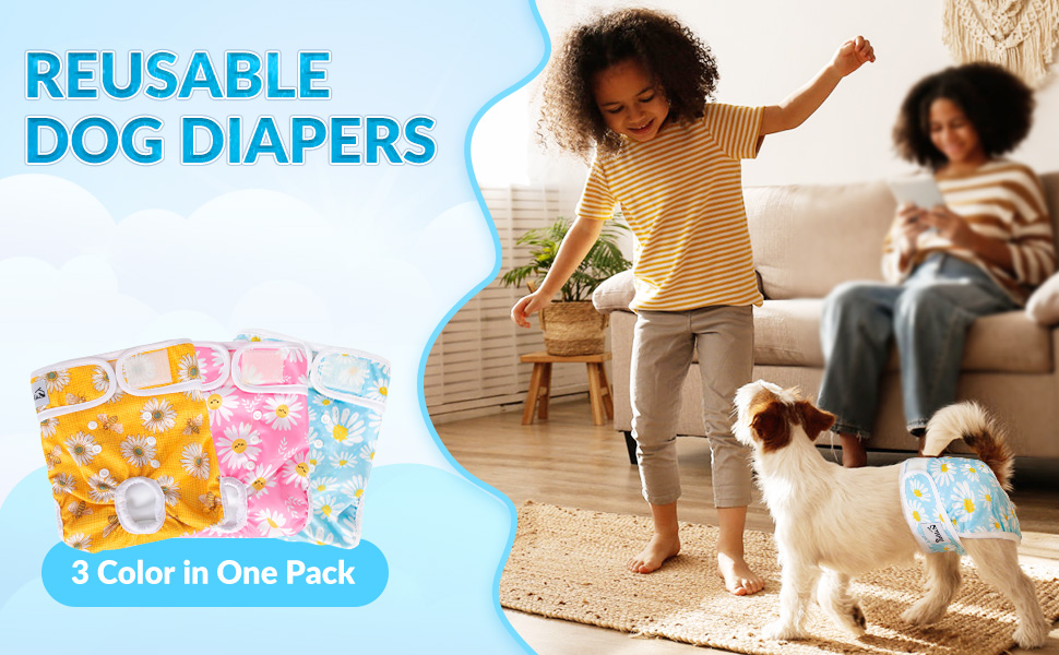SlowTon Reusable Dog Nappies Male, 3 Pack Washable Diapers Belly Bands