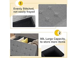 WOLTU Pouf Contenitore. Cassapanca Poggiapiedi Pieghevole Da 80L Con Coperchio Rimovibile. Panca Contenitore In Lino Oxford. Seduta Imbottita. 76x38x38cm. Grigio Chiaro 14 2