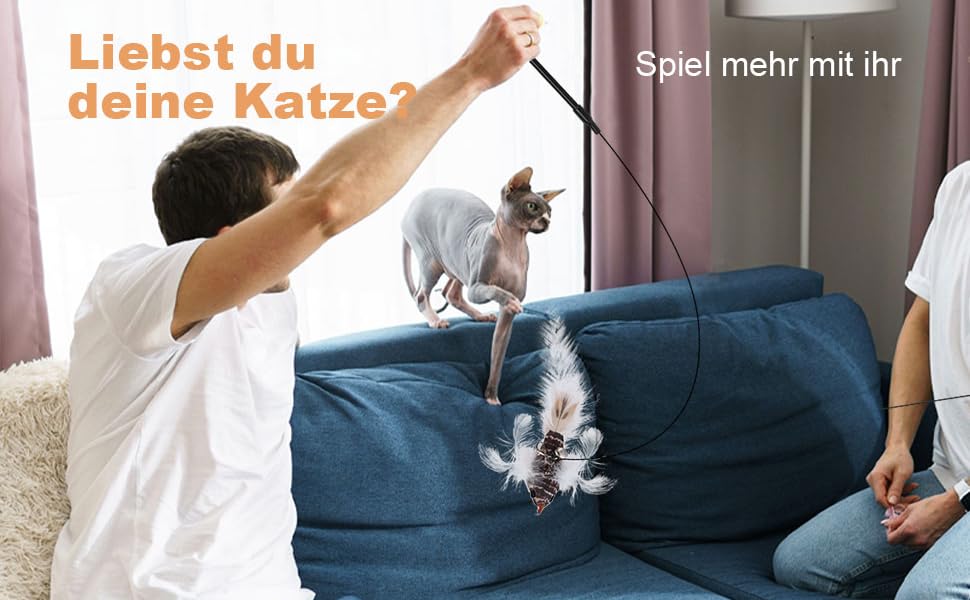 Vorführung von Katzenspielzeug auf blauem Sofa, mit deutschem Text „Liebst du deine Katze?“ und „Spiel mehr mit ihr“ sichtbar.