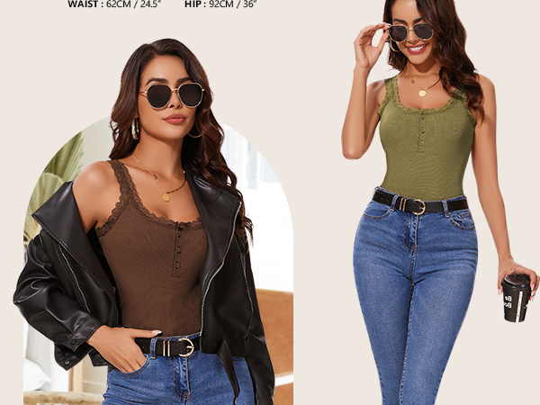 トップス ace camisole WOWENY Lace Trim Camisole Tank Top for Women Ribbed Henley