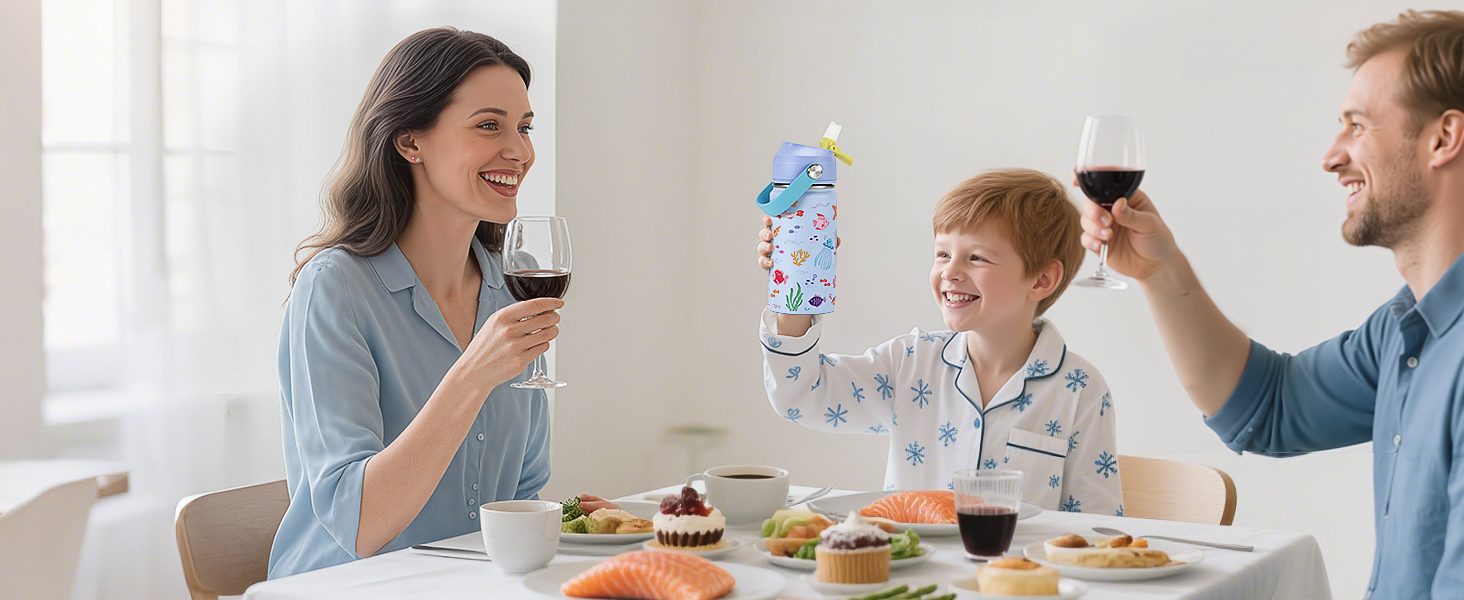 WixByti Kids Water Bottle 14oz with Silicone Straw Lid - Insulated Water Bottle Stainless Steel