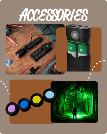 Accessories collection showing flashlights, batteries, and colored lens filters. A night vision scene displays green illuminated forest.