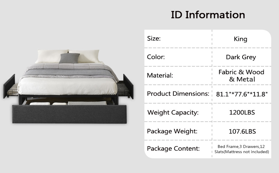 Alohappy Upholstered King Size Platform Bed Frame with 3