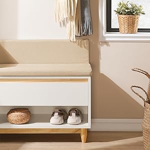 SoBuy FSR128-W Schuhbank Mit Gitteroptik Sitzbank Mit Stauraum Dielenbank Schuhtruhe Sitzkommode Für Kinder Schuhregal Schmal Weiß-Natur BHT Ca.: 100x60x35cm 15 1