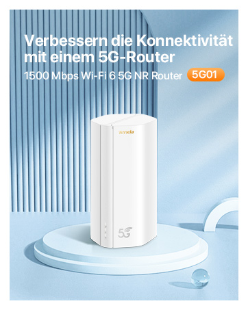 Der Text lautet „Verbinden mit Kompetenz mit einem 5G-Router“. Das Produktbild zeigt ein weißes WLAN-Router-Gerät vor blauem Hintergrund.