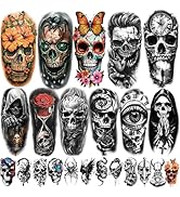 77 Sheets Temporary Tattoo, 17 Sheets Half Arm Skull Flower Fake Tattoos for Adults Men Women Che...