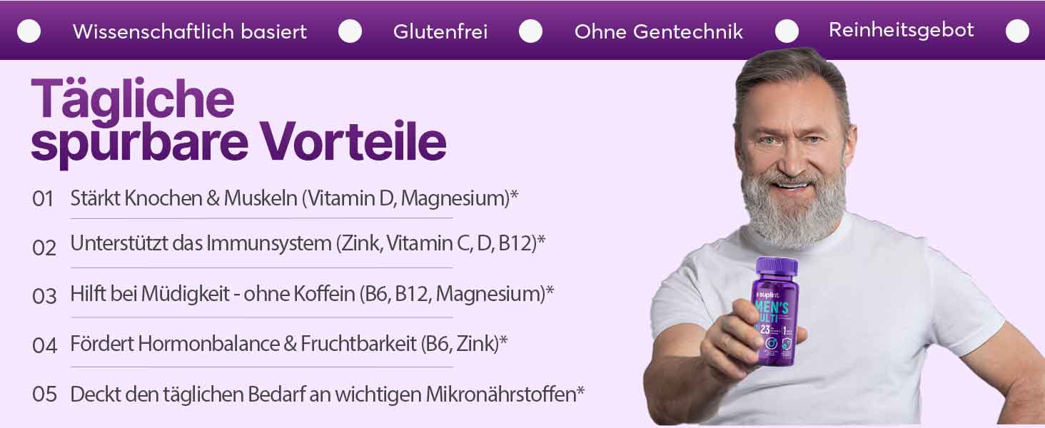 Marketingbanner mit violettem Thema in deutscher Sprache, das Produktvorteile mit Textpunkten und einem Produktflaschendisplay zeigt.