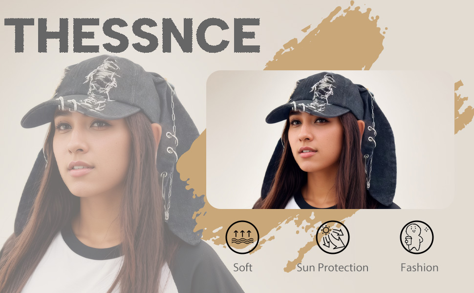 THESSNCE Y2k Hat Punk Hats Denim Bunny Hat Chains Distressed