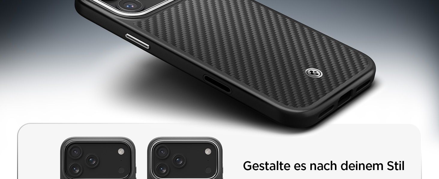 Der Text lautet „Gestalte es nach deinem Stil“. Mehrere Winkel eines texturierten Produkts aus schwarzer Kohlefaser vor weißem Hintergrund.