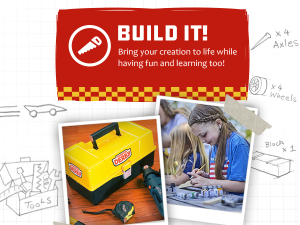 A saw icon with Build It! text, a yellow toolbox, pretty girl holding a paintbrush