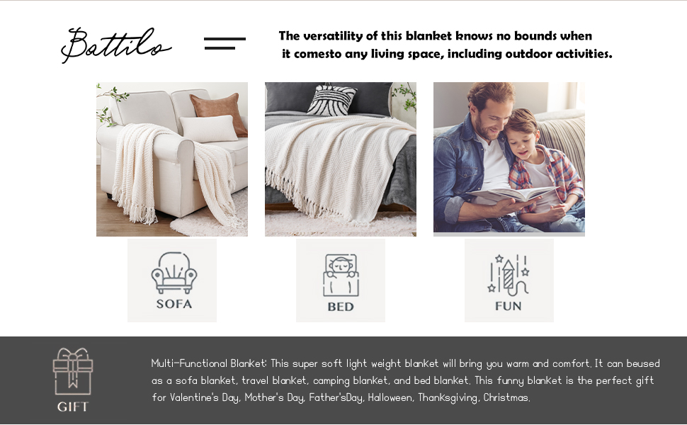 BATTILO HOME Cream Throw Blanket for Couch, Textured Knitted Throw Blanket with