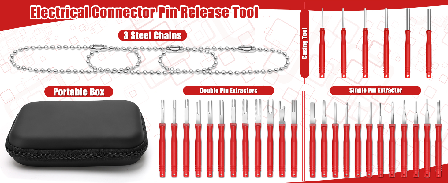 Electrical connector pin release tool set with red handle, multiple pin sizes, metal chain tool and black portable storage box.