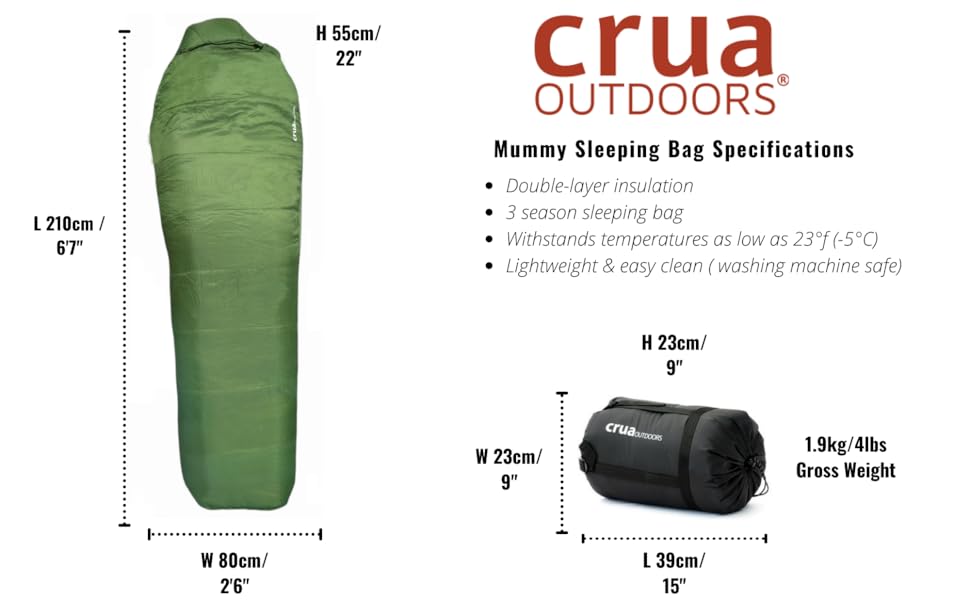 Crua Outdoors Mummy Sleeping Bag DoubleLayered Insulation, Built for