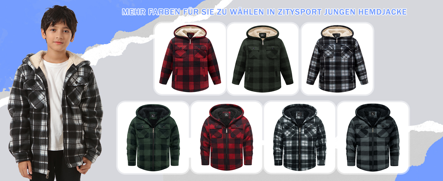 Kollektion karierter Kapuzenjacken in verschiedenen Farben wie Rot, Schwarz und Grau, die sowohl in getragenen als auch in flachen Produktfotos dargestellt werden.