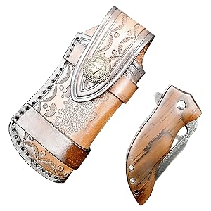 damascus folding pocket knife with leather sheath