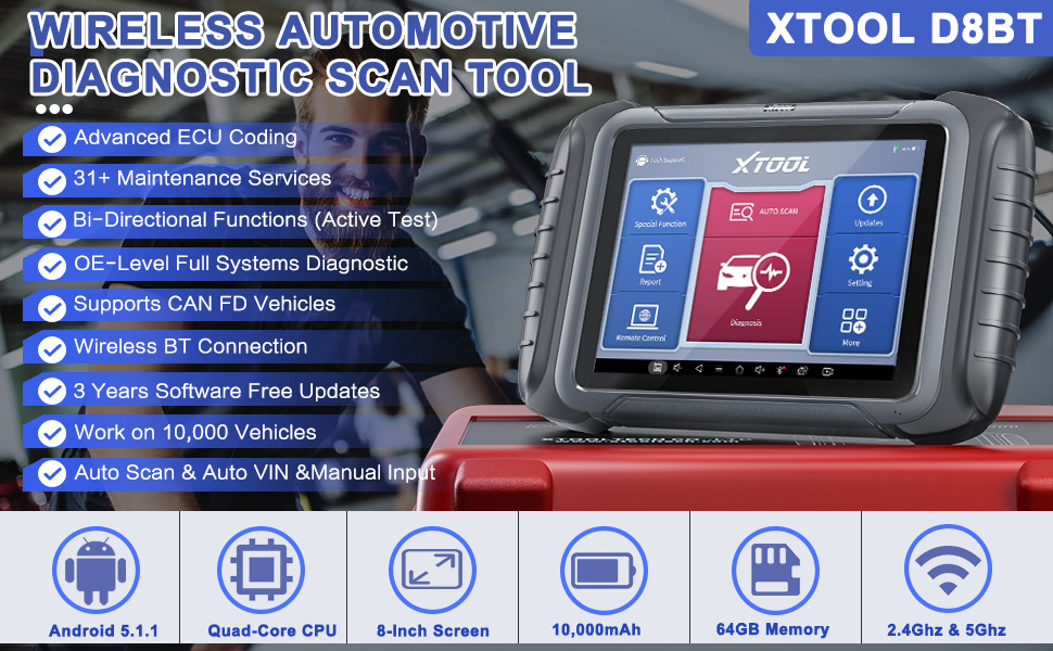 XTOOL D8BT Automotive Diagnostic Scan Tool With BT Connection, 3 Years