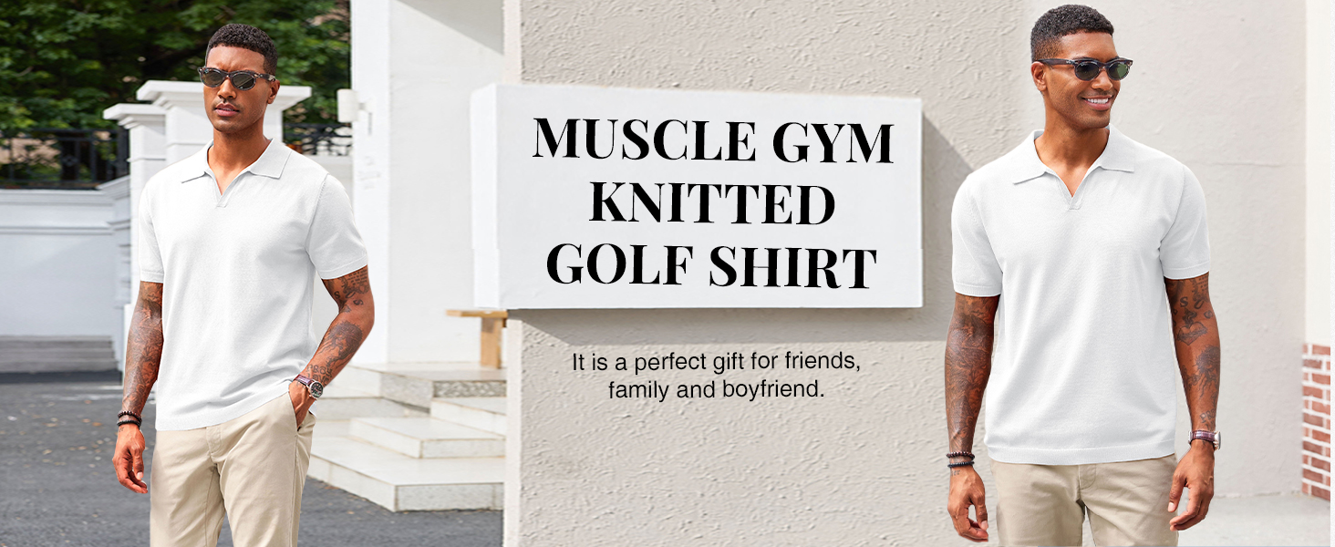 Men's V Neck Polo Shirts Short Sleeve Muscle Gym Knitted Golf Shirts Casual Slim Fit Tops