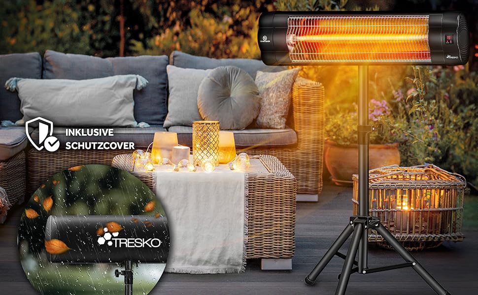 Terrascène met gloeiende verwarming, comfortabele stoelen en sfeerverlichting. Op de tekstlaag staat 'Elegant & Wetterfest'