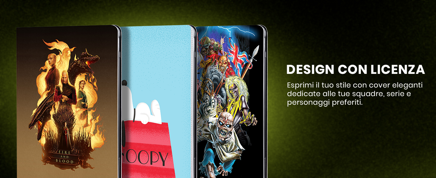 Il testo recita: «DESIGN CON LICENZA». Collezione di opere d'arte digitali che mostra illustrazioni a tema fantasy o di gioco con luci spettacolari e design dei personaggi.