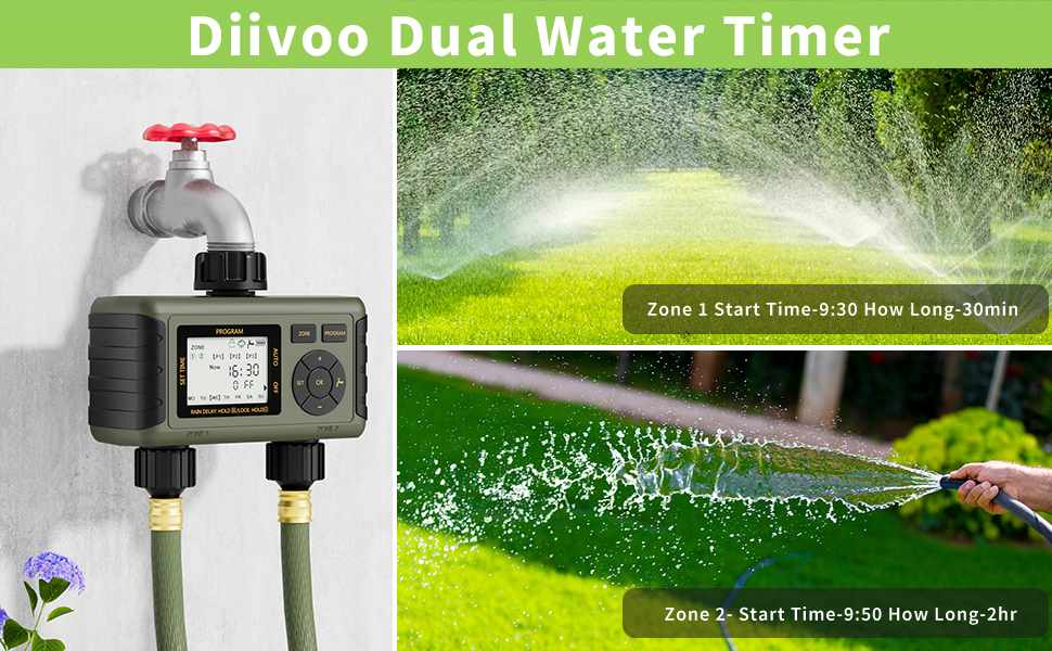 Water Timer 2 Outlet, Diivoo Sprinkler Timer with 6 Watering Programs
