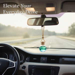 Text reads: 'Elevate Your Everyday Drive.' Interior car view showing rearview mirror with hanging ornament against sunny windshield.