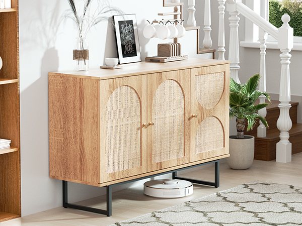 キャビネット・サイドボード Cane Weave Rattan Cabinet Encinitas 4-Door Rattan and Light Washed Wood Cabinet