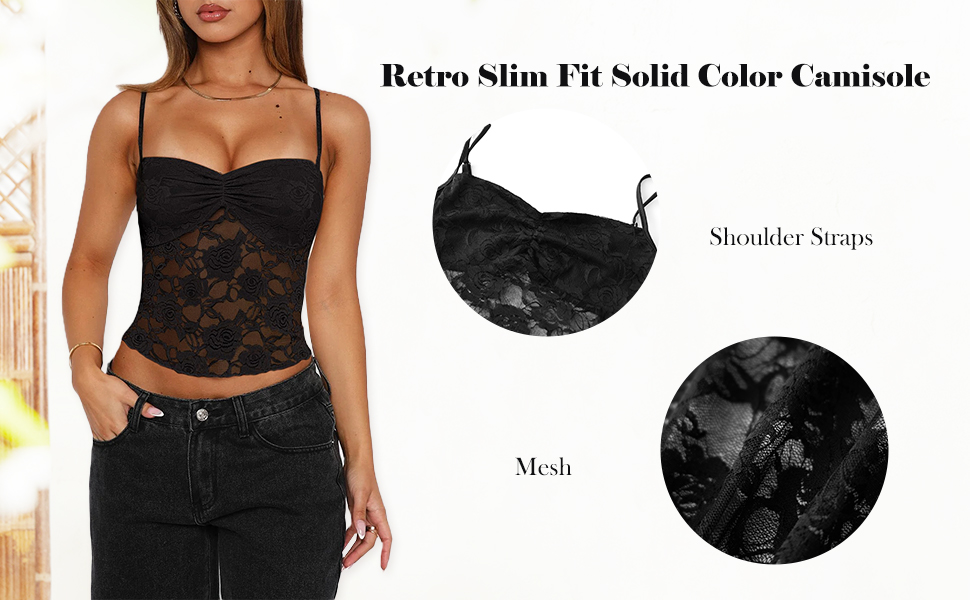 Women Y2K Ruched Front Cami Top Sexy Lace Mesh Sheer See