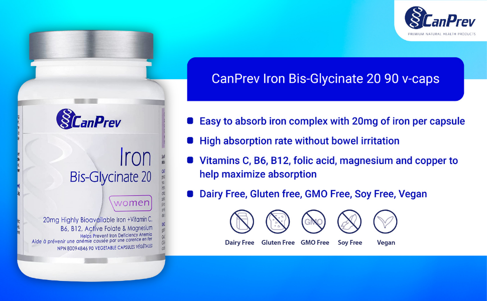CanPrev Iron BisGlycinate 20 90 vcaps Amazon.ca Health