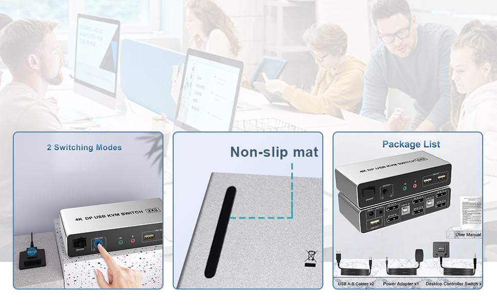 DisplayPort KVM Switch Dual Monitors for 2 Computers, 4K60Hz Extended