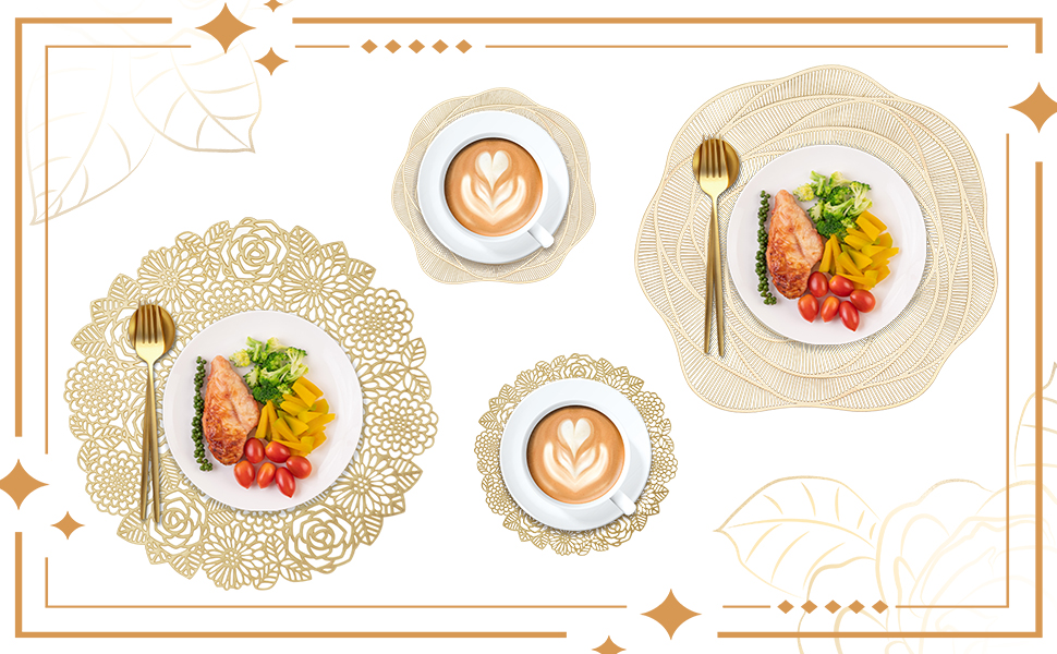 12 Pcs Round Pressed Vinyl Placemats Gold Placemat Coaster Set Metallic Place Mat