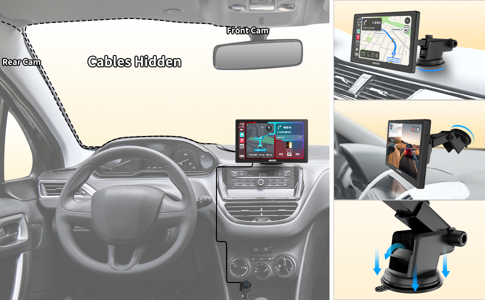 ATOTO P8 1080P OnDash Cam and Rear DVR Cam Input, Portable 7'' QLED