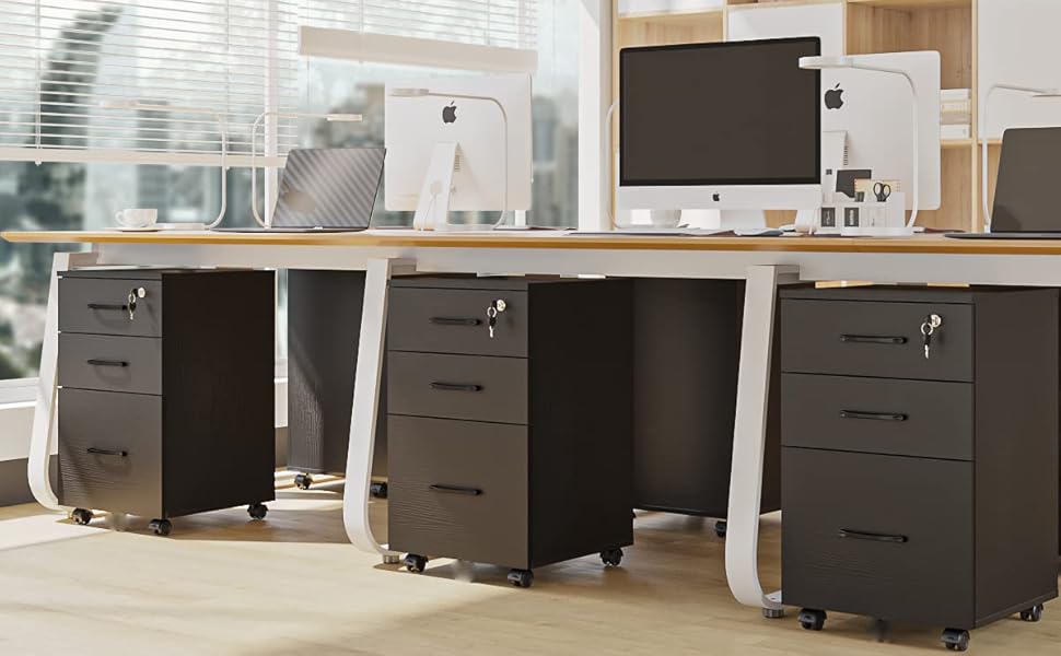 YQ JENMW File 3 Drawers with 1 Lock, Wooden Rolling