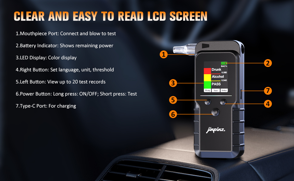Text reads 'CLEAR AND EASY TO READ LCD SCREEN' with numbered bullet points describing device features. Shows black handheld device with LCD display and interface elements.