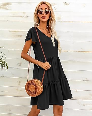 Casual Dresses for Women Ruffled Hem Short Sleeve A-Line High Waist Solid Mini Party Dress