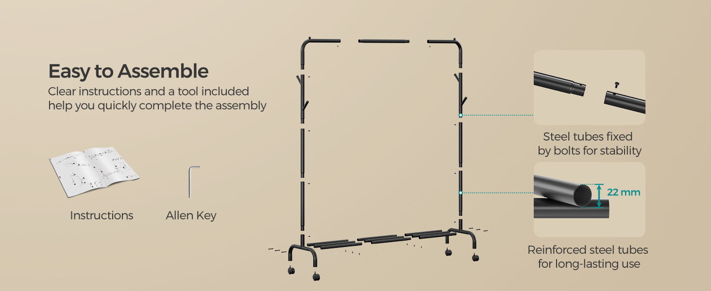 Egy ruhaállvány egyszerű összeszerelését bemutató ábra. Az alkatrészek közé tartozik a fémkeret, a kerekek és az imbuszkulcs. Az utasítások kiemelik a gyors összeszerelési folyamatot.