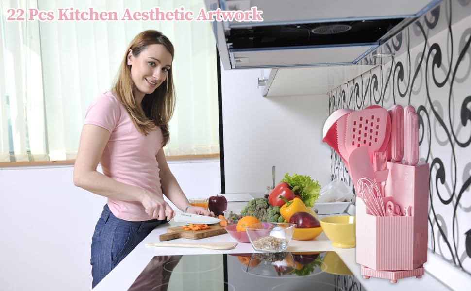 ZWJFDCBD 22-Piece Pink Kitchen Utensils Set for Cooking